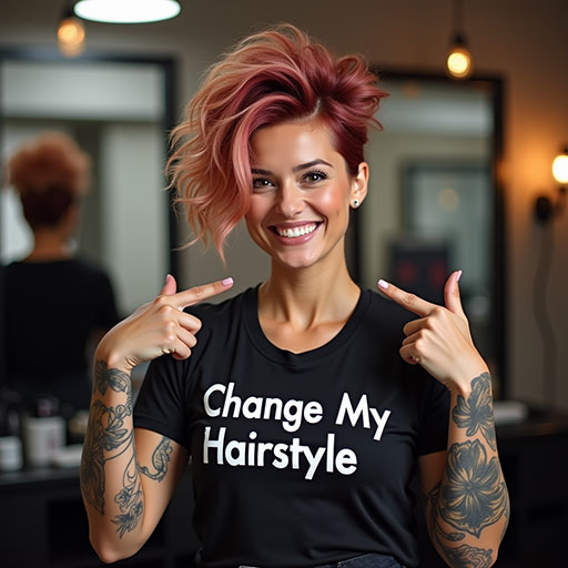 Womain pointing to her hairstyle.